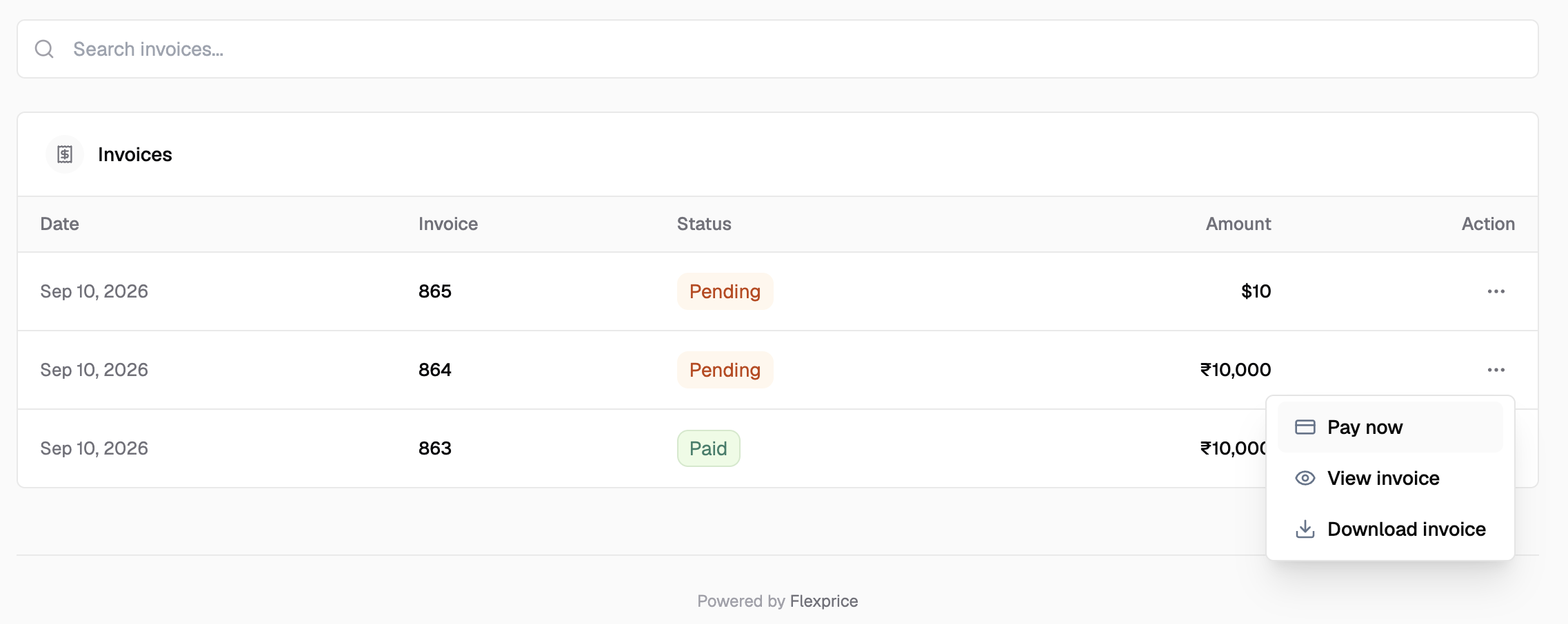 Invoices section with a pending invoice row and its action menu open on Pay now