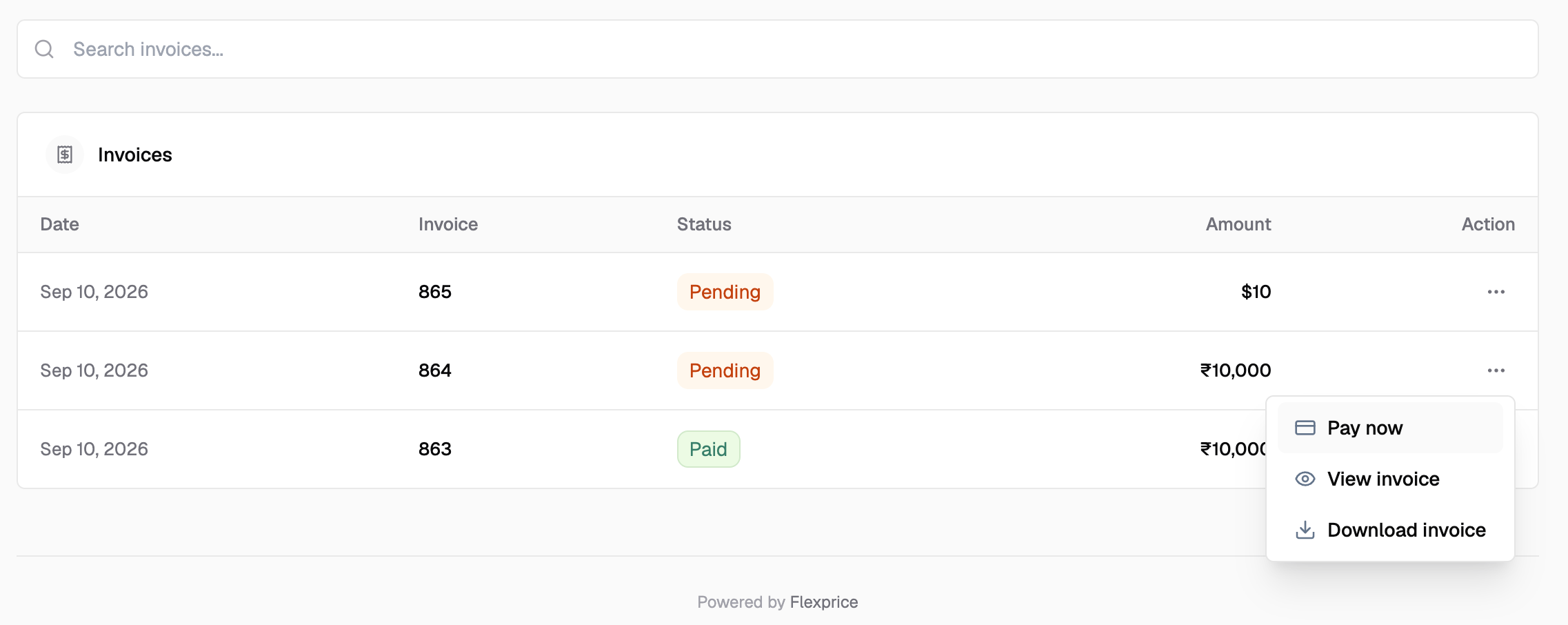 Invoices section with a pending invoice row and its action menu open on Pay now