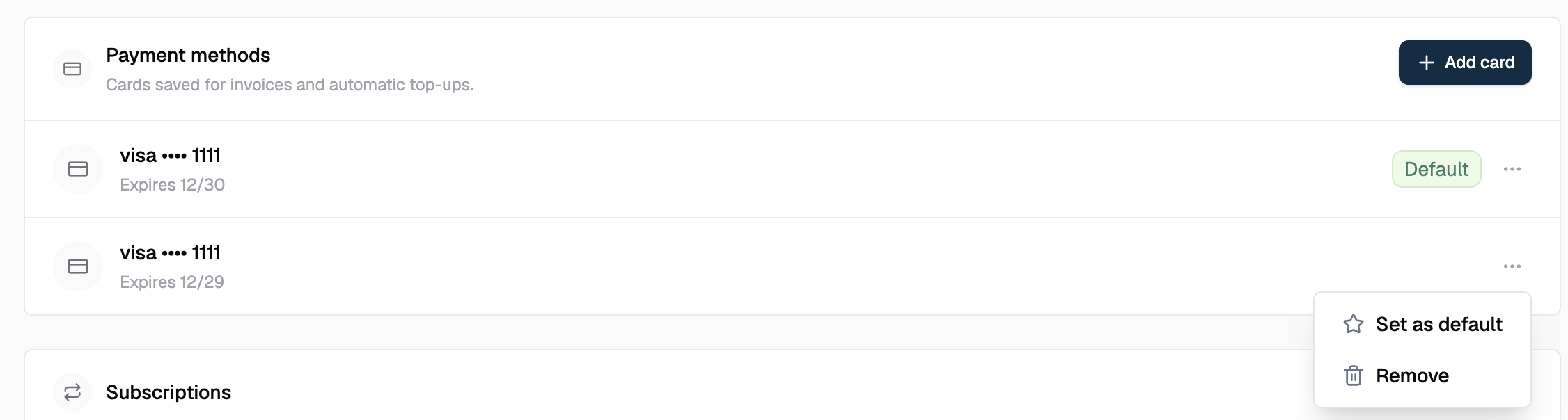 Payment methods listing two saved cards, one marked Default, with Set as default and Remove in the row menu