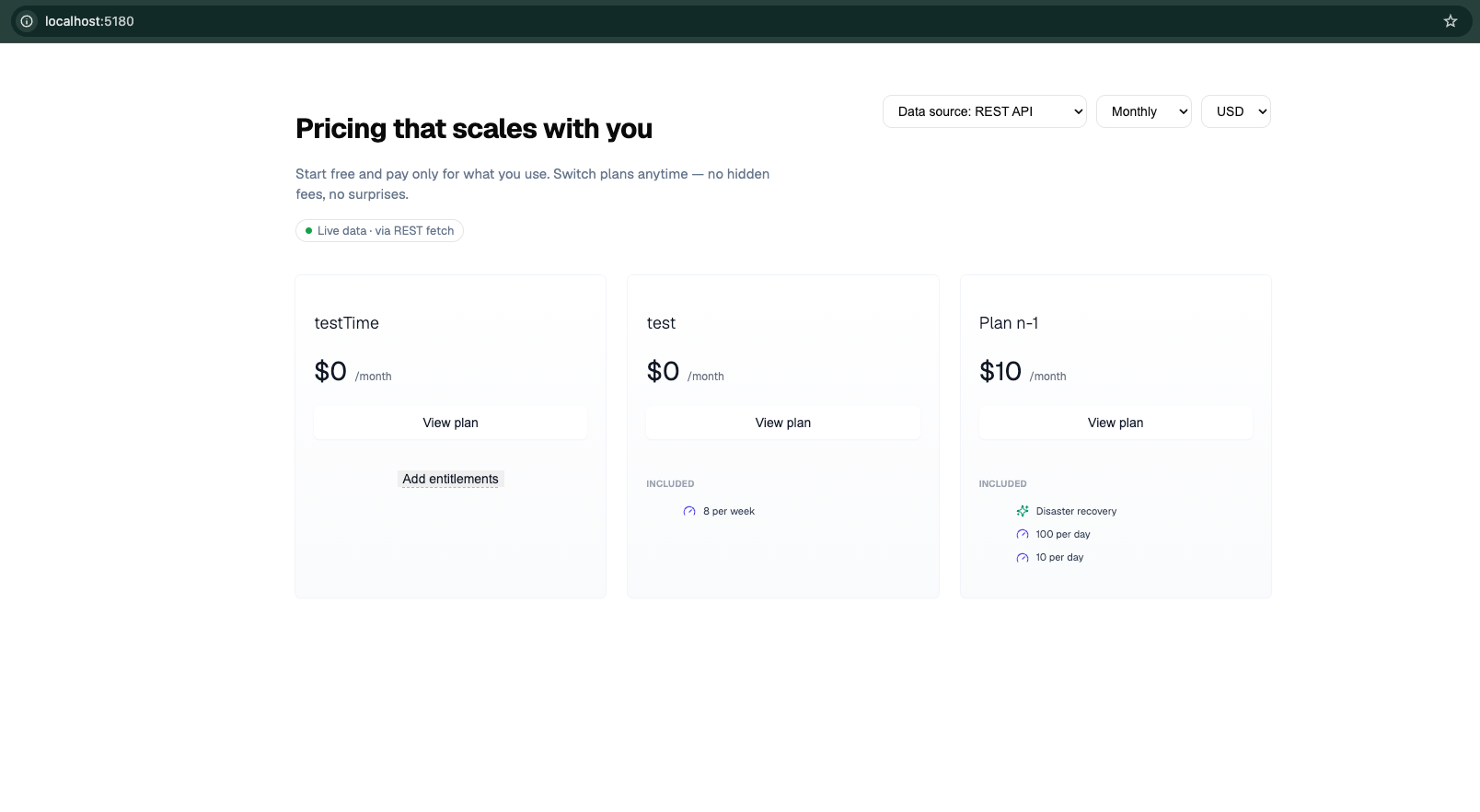 Pricing Widget with plans loaded via REST