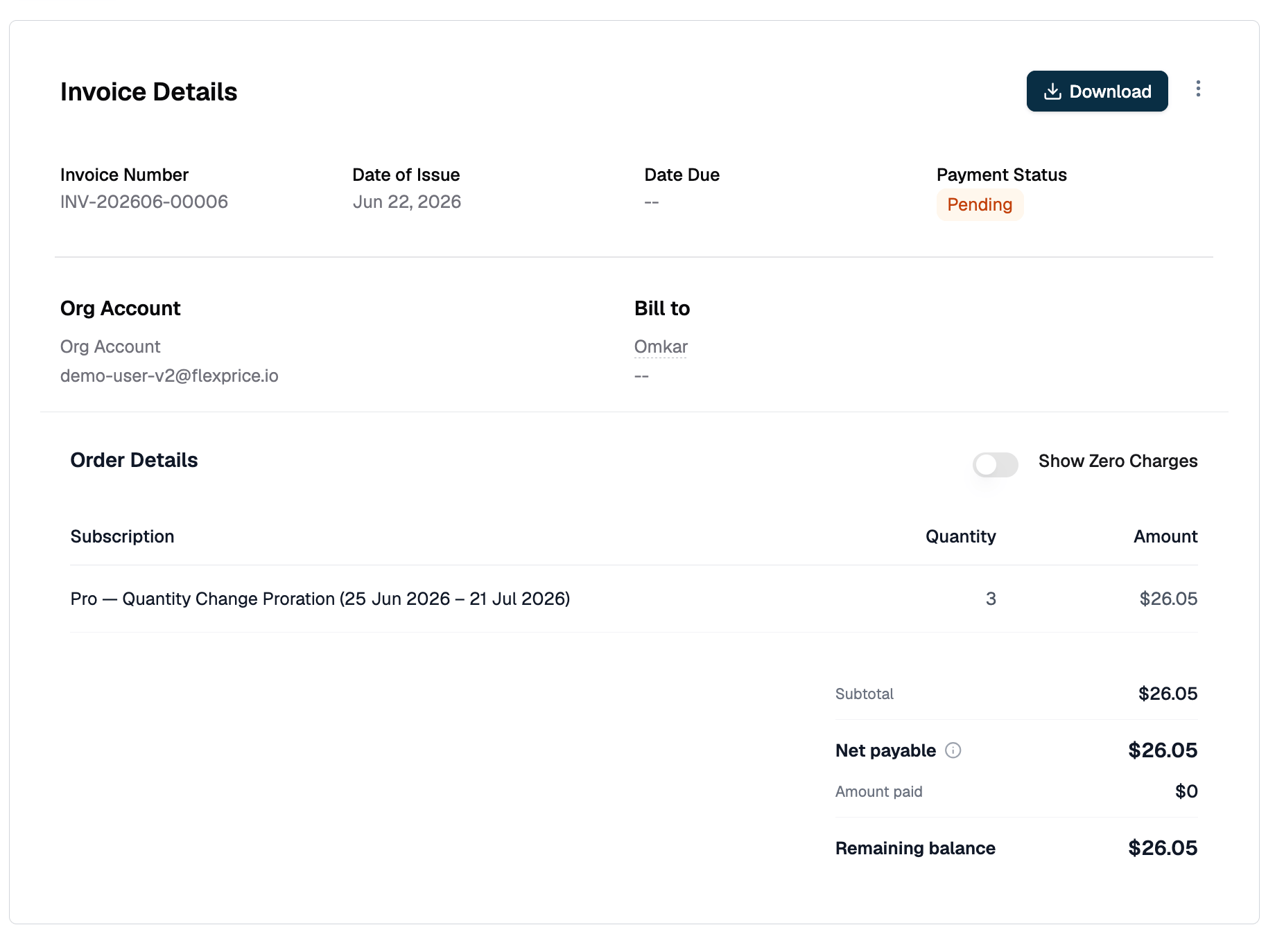 Invoice line items for a seat change