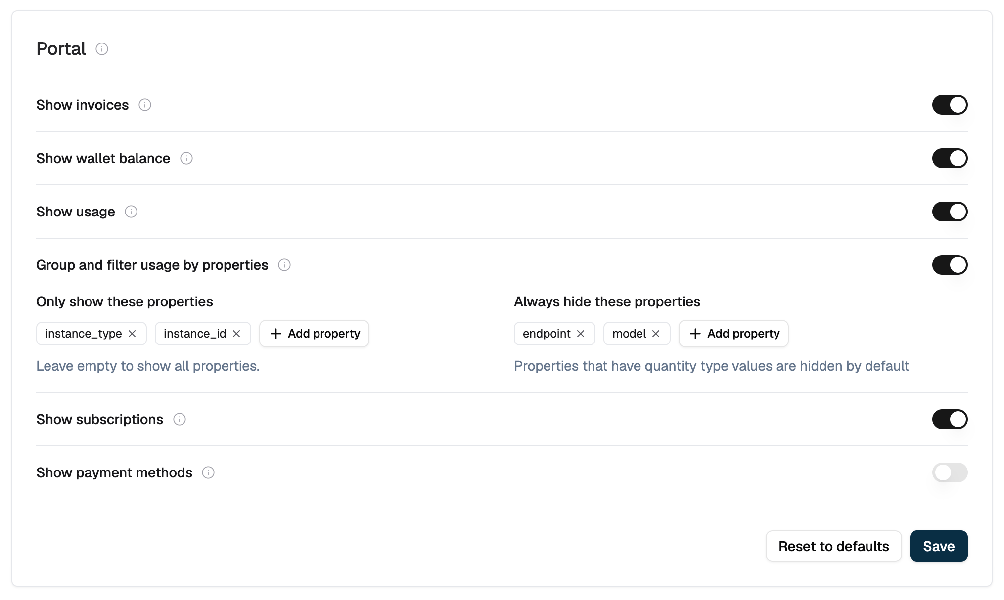 Settings, Customer Portal tab, with Group and filter usage by properties turned on and both property lists filled