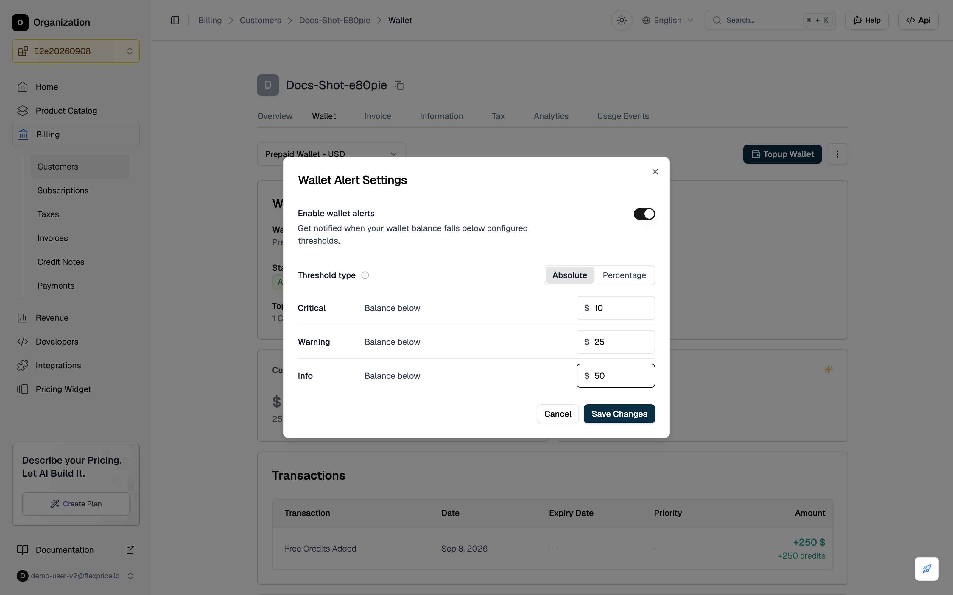Wallet alert settings