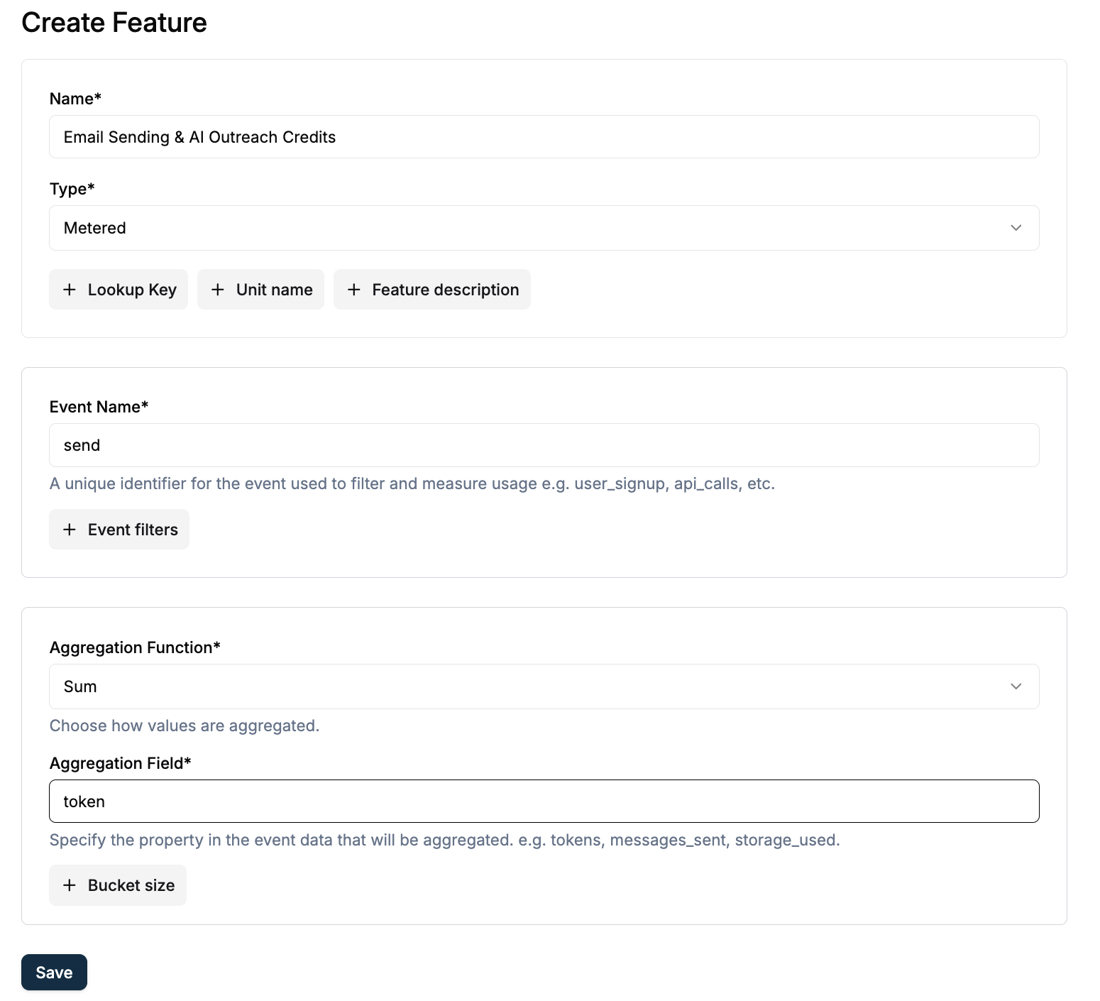 Create Features (metered) for credit-based pricing