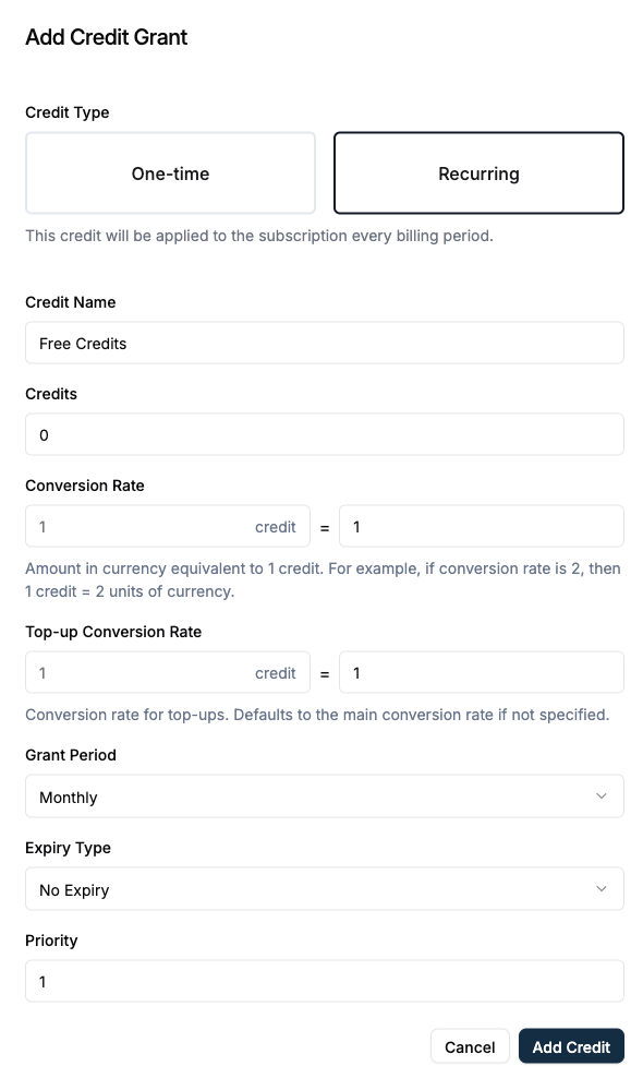 Add Subscription and credit grants