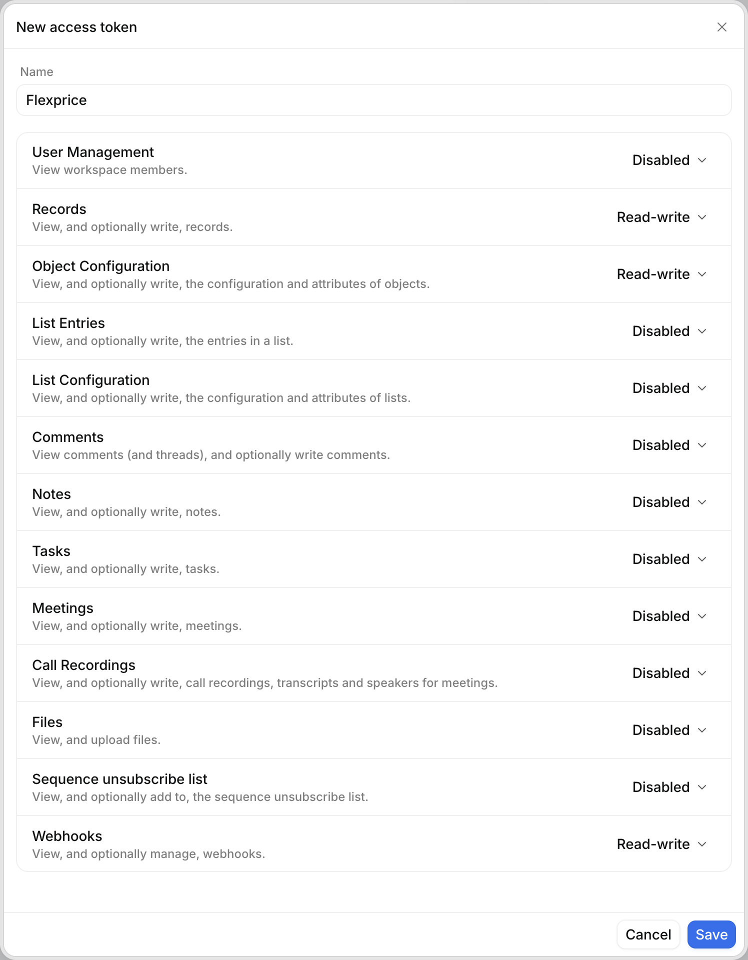 New access token dialog in Attio, named Flexprice, with Records, Object Configuration, and Webhooks set to Read-write and every other scope Disabled