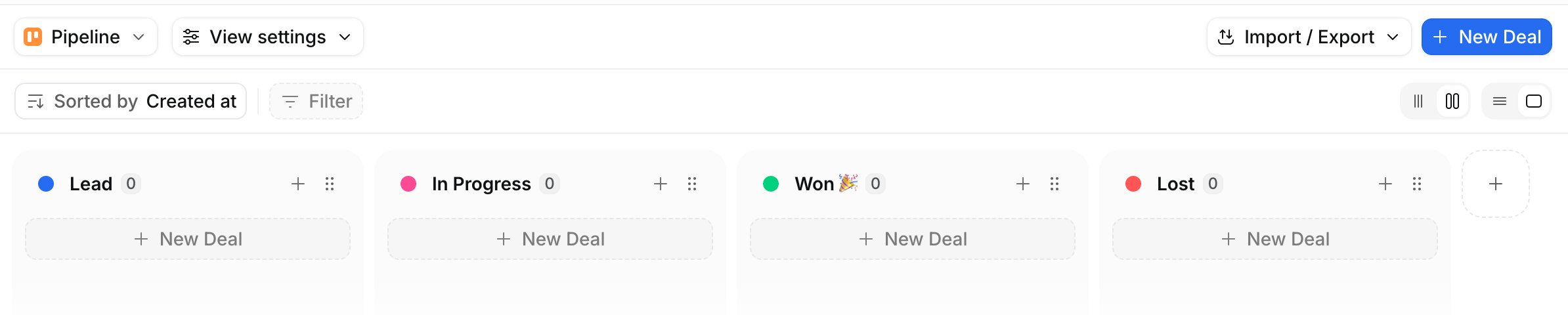 Deals pipeline in Attio with the default Lead, In Progress, Won, and Lost stages