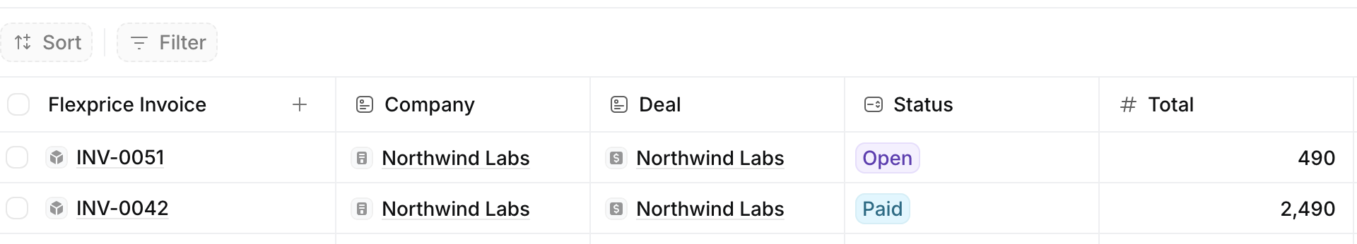 Flexprice Invoices table in Attio with two invoices for Northwind Labs, INV-0051 with status Open and INV-0042 with status Paid, each linked to the company and the deal