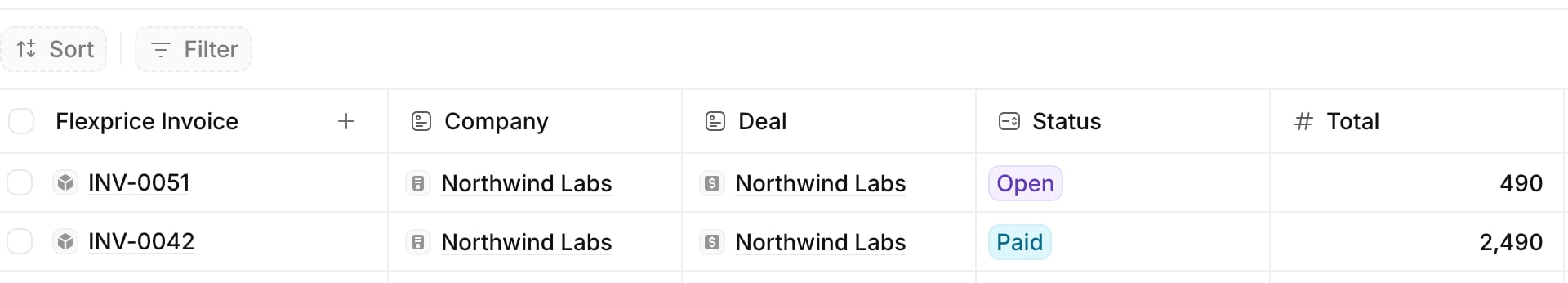 Flexprice Invoices table in Attio with two invoices for Northwind Labs, INV-0051 with status Open and INV-0042 with status Paid, each linked to the company and the deal