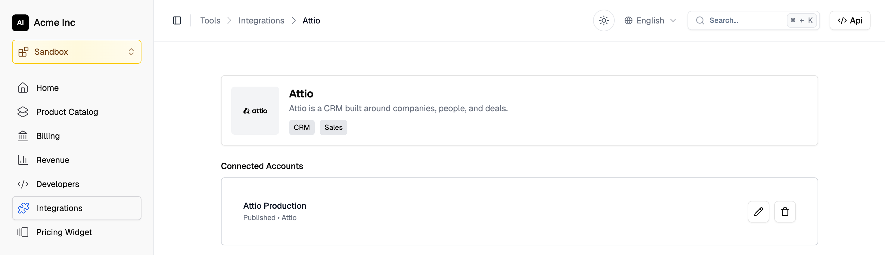 Attio integration page in the Flexprice dashboard, listing the Attio Production connection under Connected Accounts