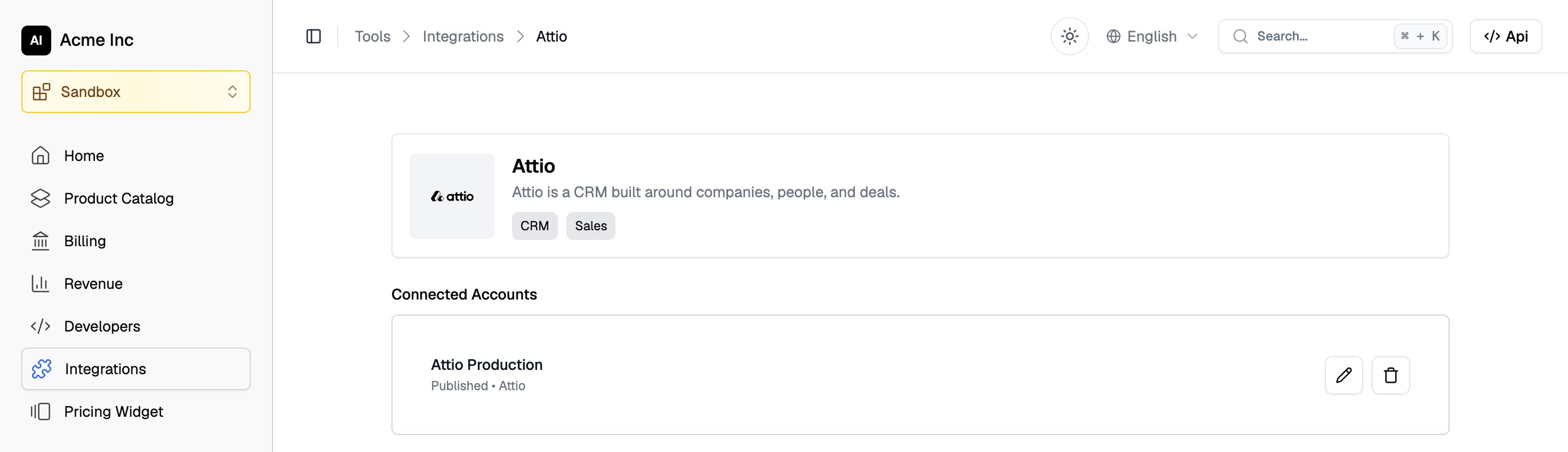Attio integration page in the Flexprice dashboard, listing the Attio Production connection under Connected Accounts