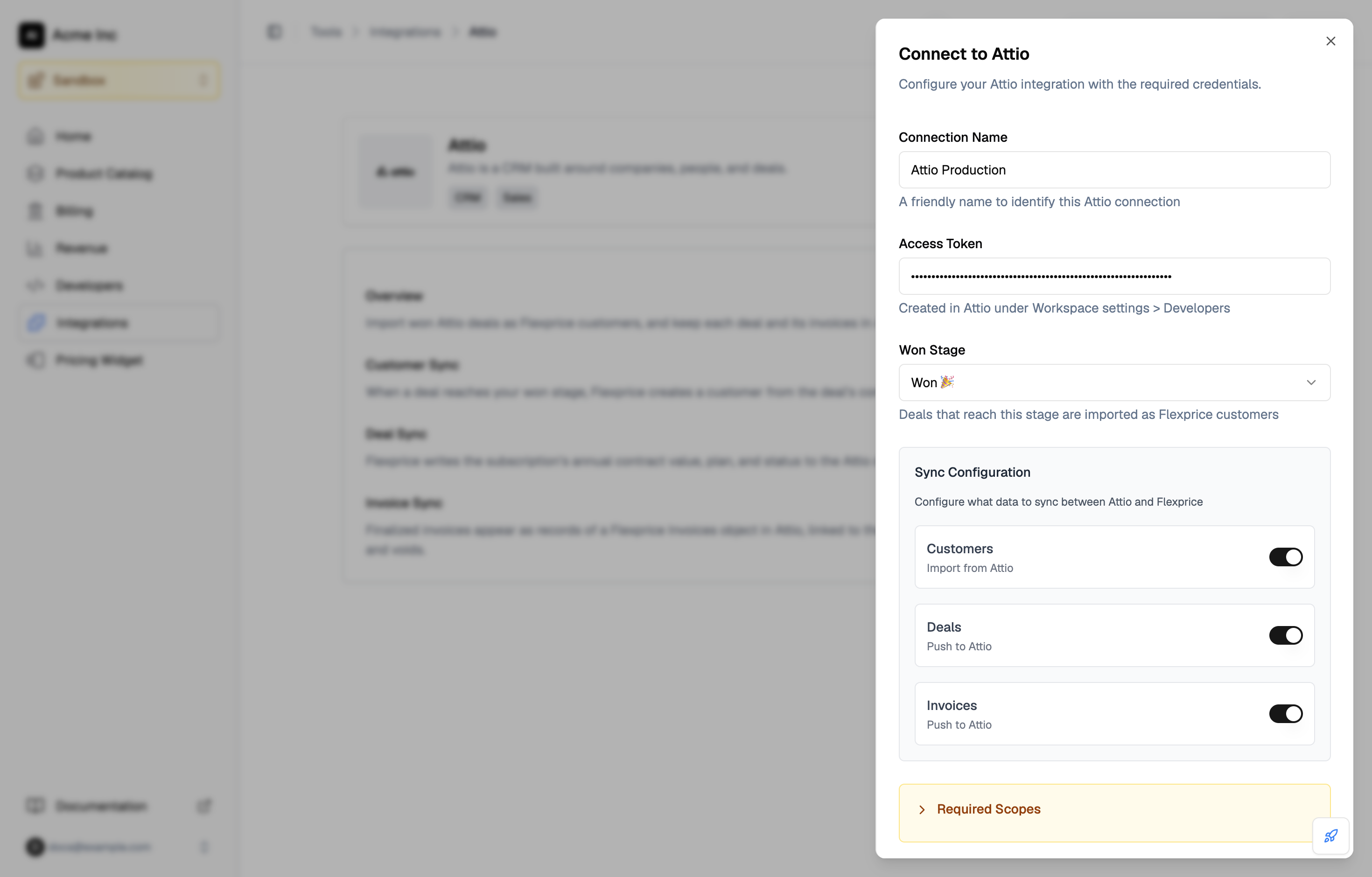 Connect to Attio drawer with the connection name, masked access token, the Won stage, and the Customers, Deals, and Invoices toggles turned on
