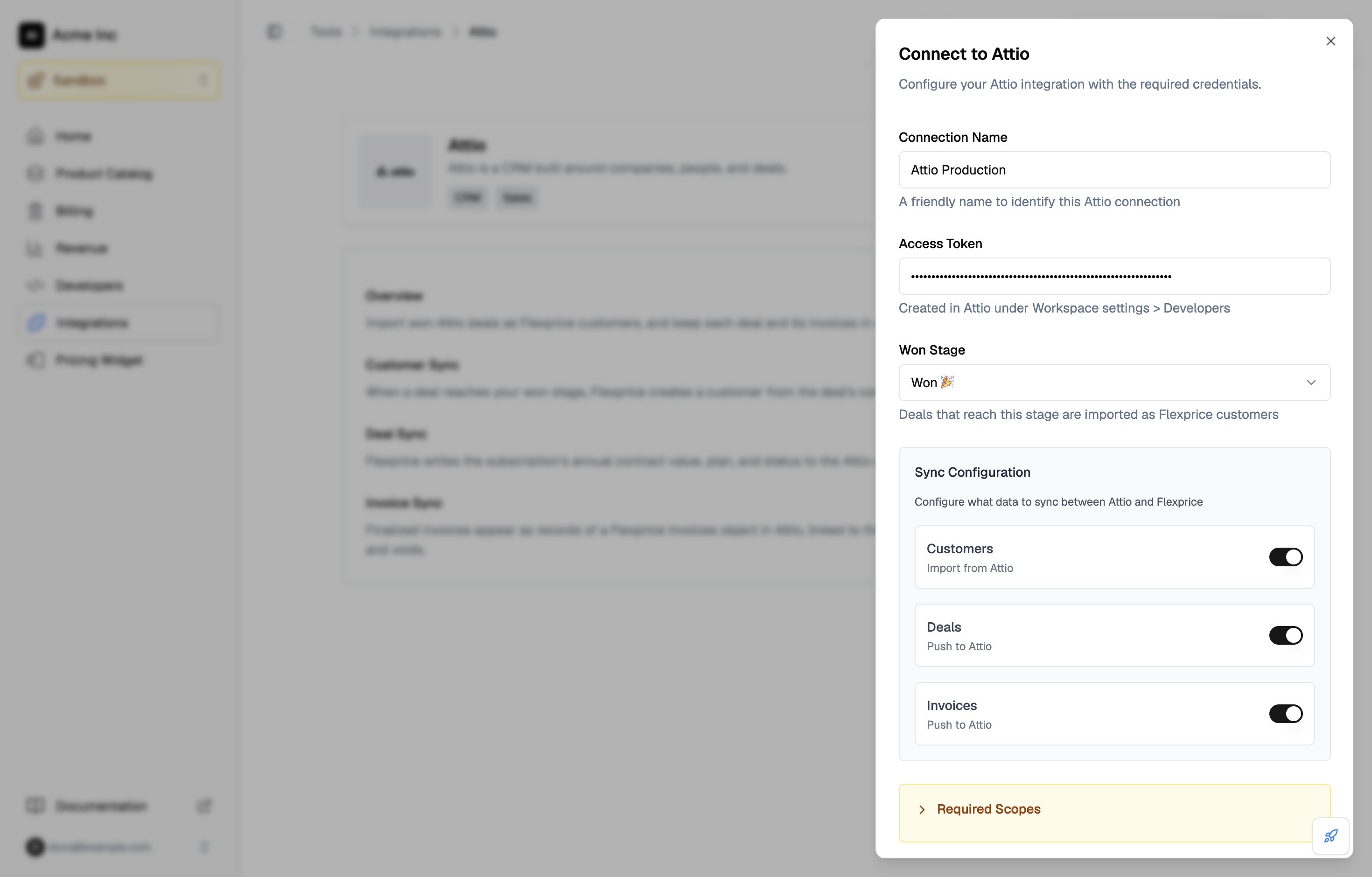 Connect to Attio drawer with the connection name, masked access token, the Won stage, and the Customers, Deals, and Invoices toggles turned on