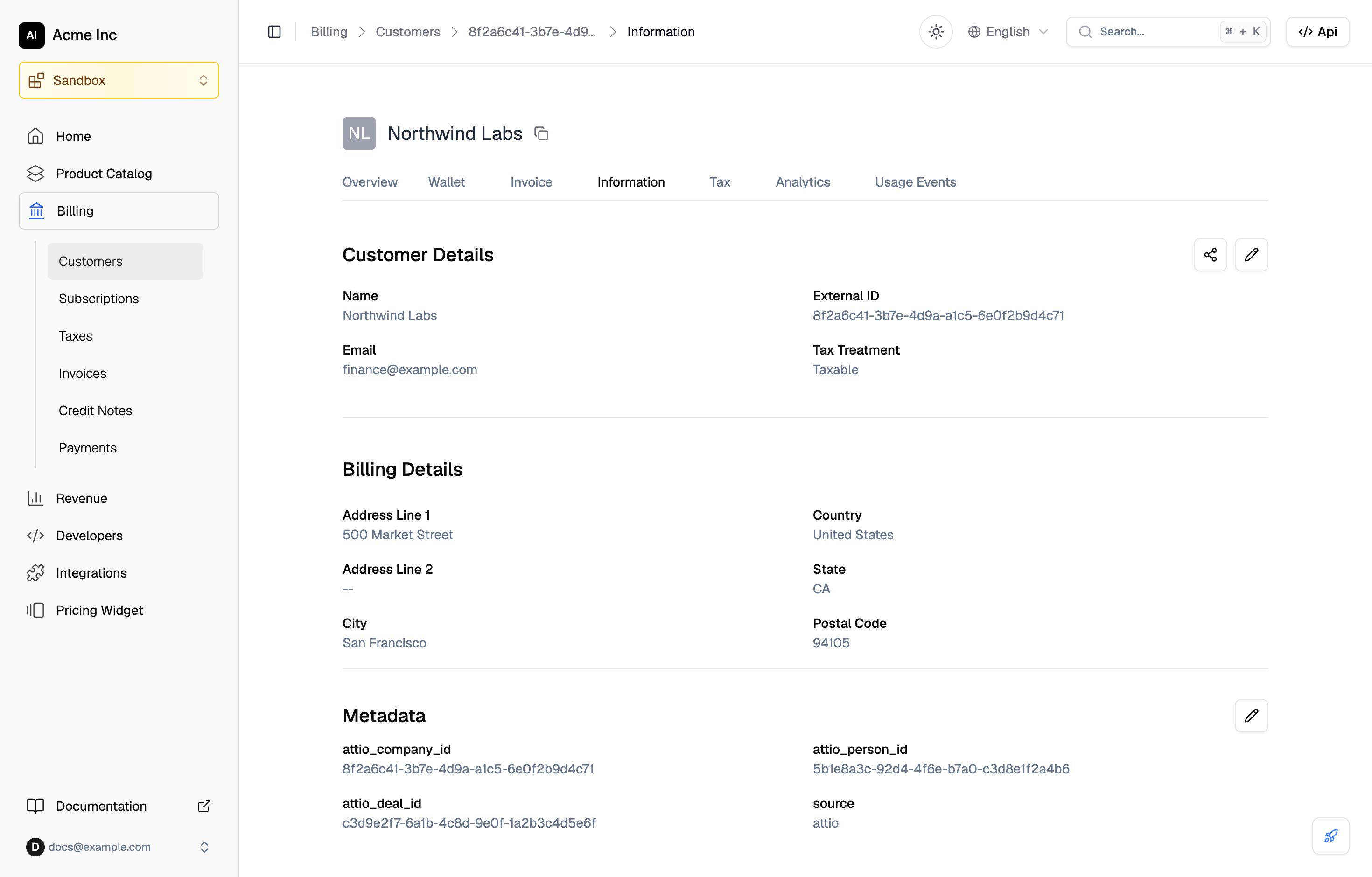 Information tab of a Flexprice customer created by Attio customer sync, with the Attio company record ID as the External ID and the attio_company_id, attio_person_id, attio_deal_id, and source keys under Metadata