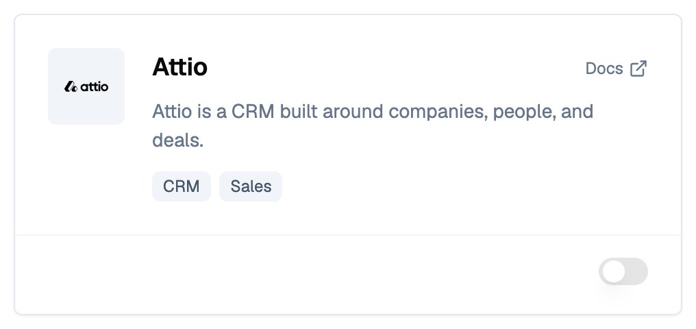 Attio card on the Flexprice Integrations page, with the CRM and Sales tags and a Docs link