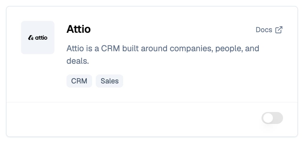 Attio card on the Flexprice Integrations page, with the CRM and Sales tags and a Docs link