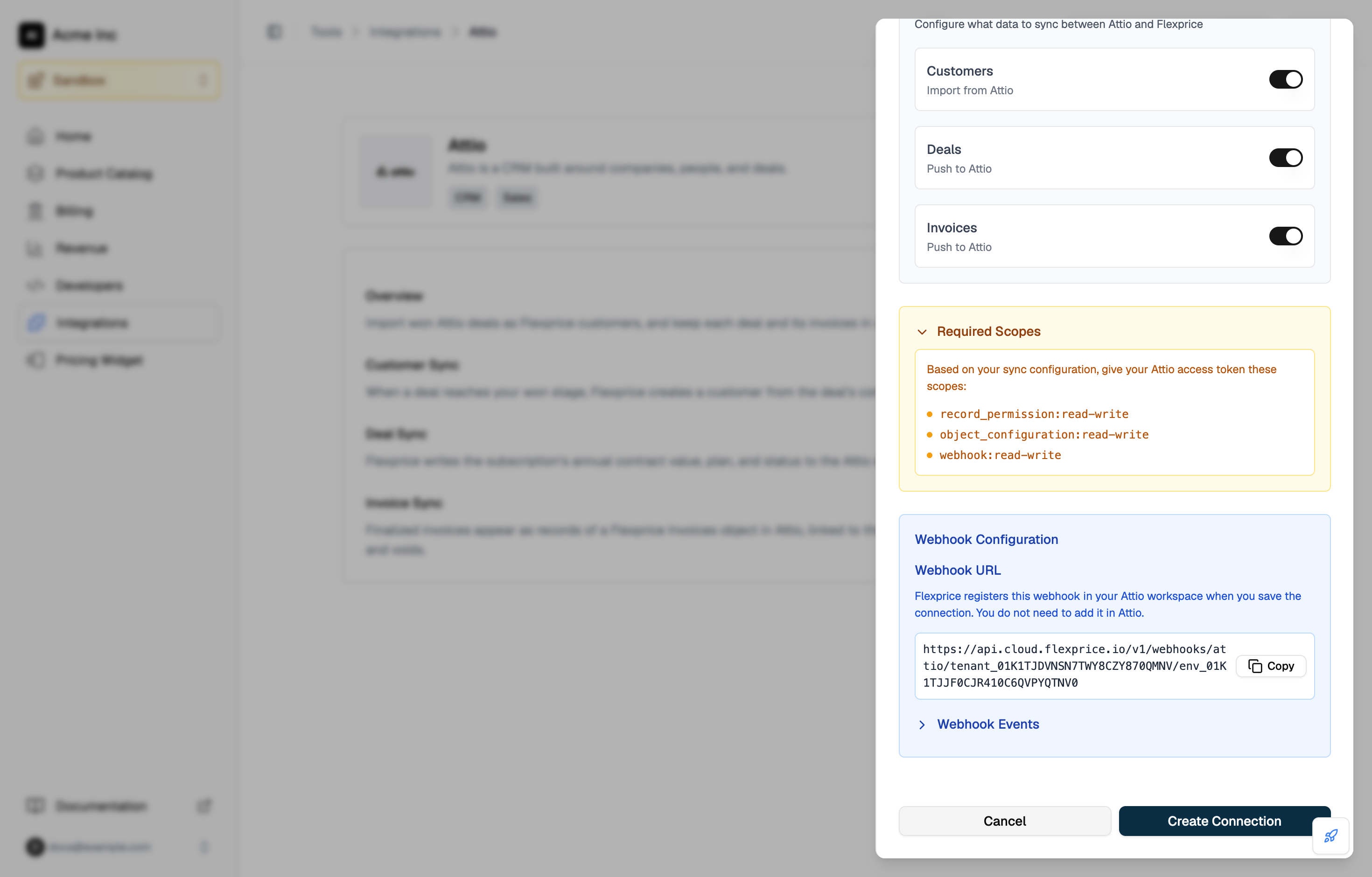 Required Scopes panel in the Connect to Attio drawer, listing record_permission:read-write, object_configuration:read-write, and webhook:read-write with all three syncs turned on