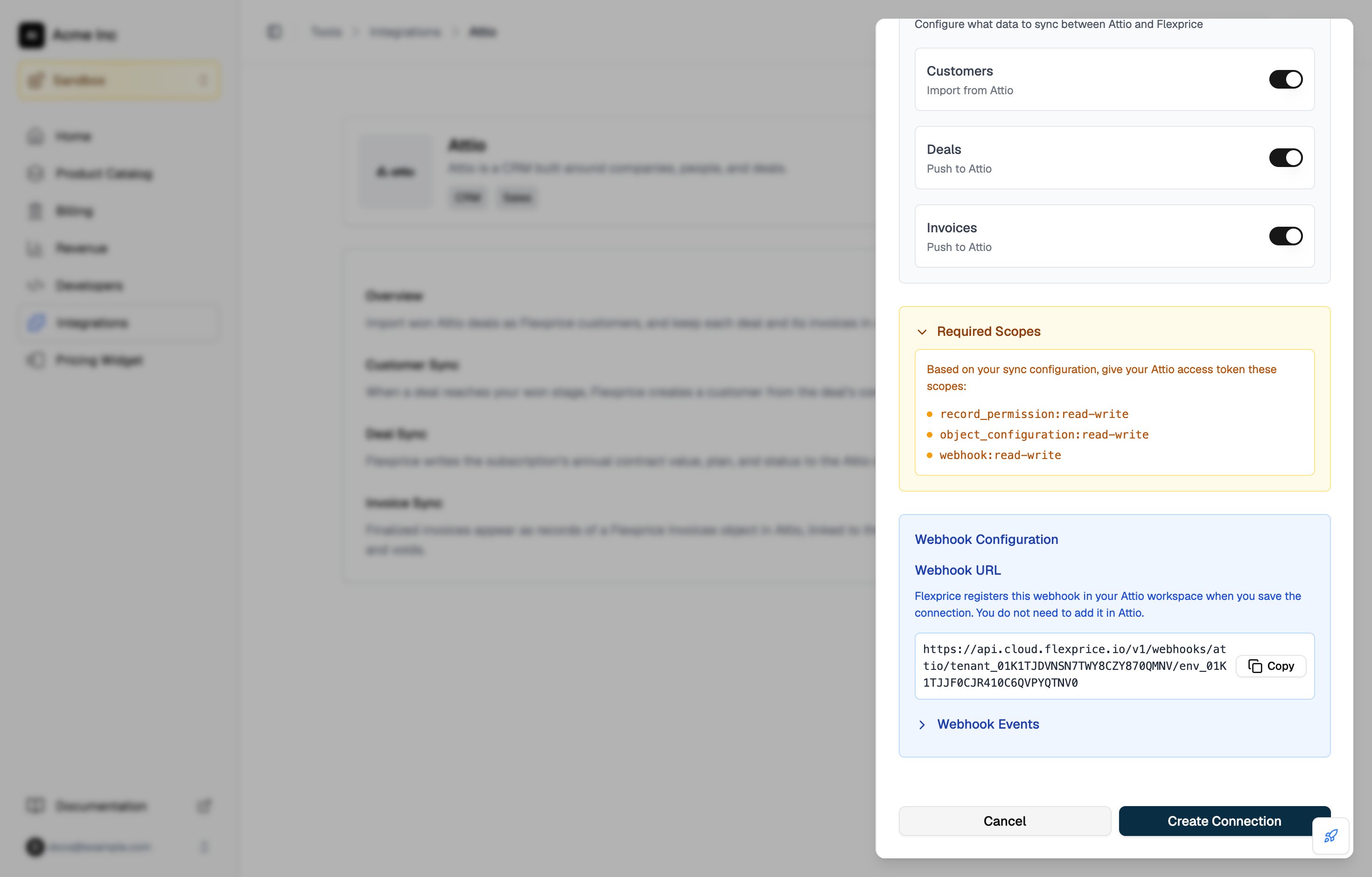 Required Scopes panel in the Connect to Attio drawer, listing record_permission:read-write, object_configuration:read-write, and webhook:read-write with all three syncs turned on