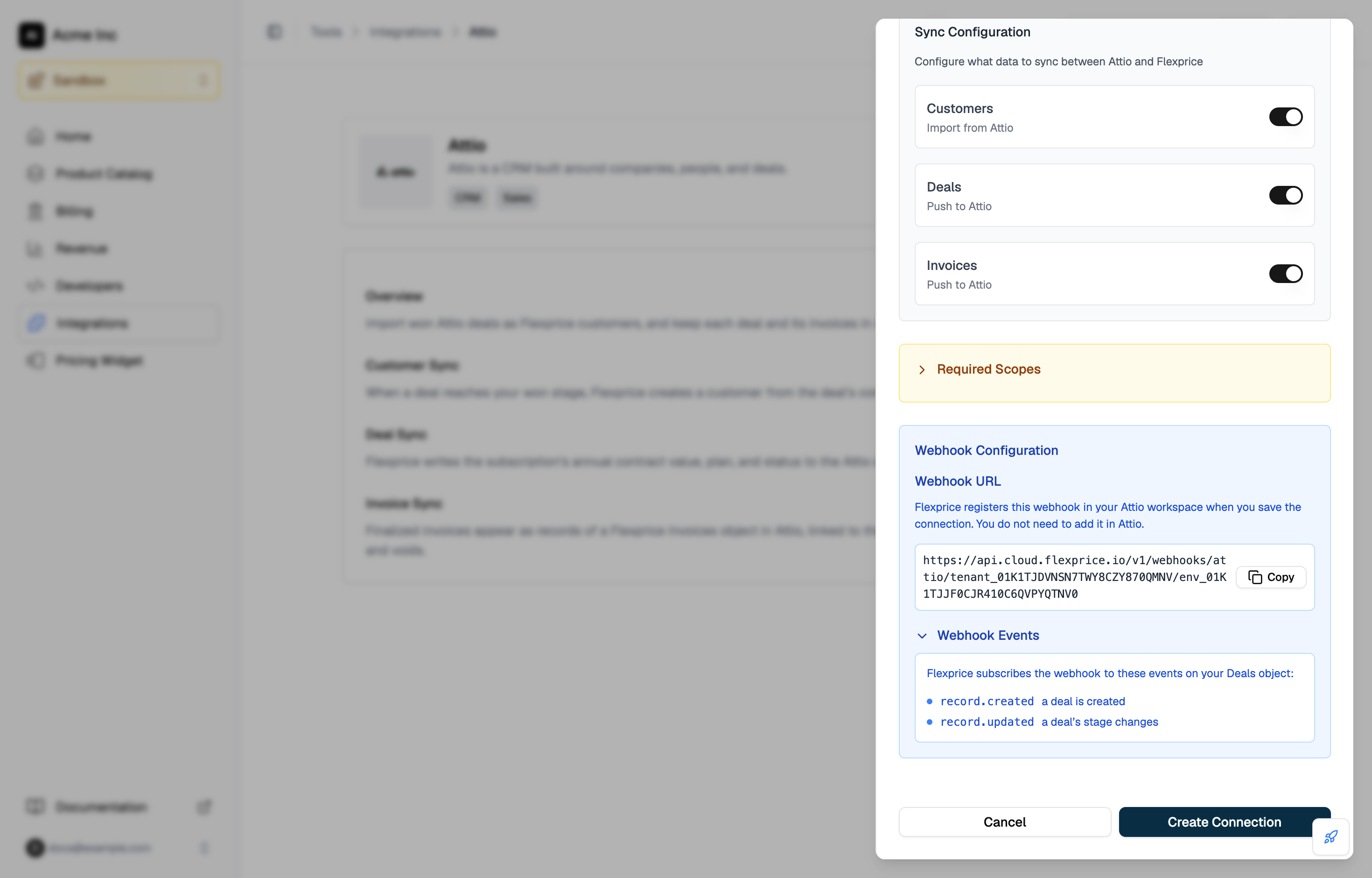 Webhook Configuration section of the drawer, showing the Flexprice webhook URL for Attio and the record.created and record.updated deal events