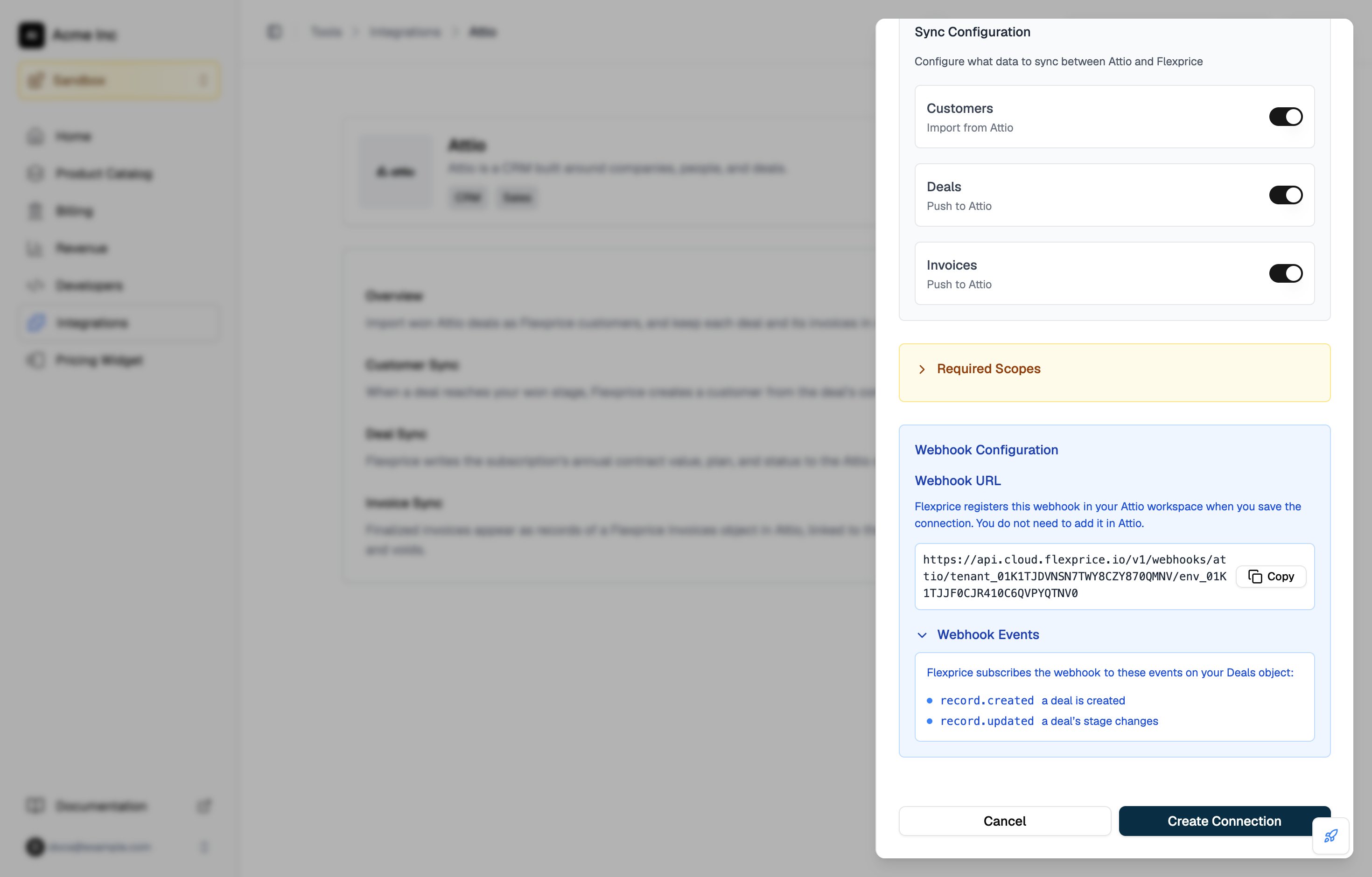 Webhook Configuration section of the drawer, showing the Flexprice webhook URL for Attio and the record.created and record.updated deal events