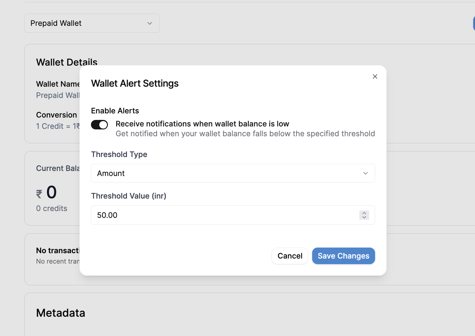 Low Balance Alert Settings Dialog
