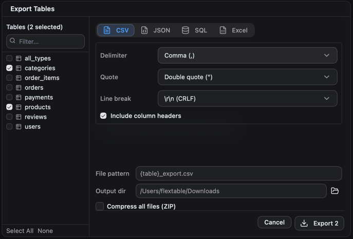 Export dialog