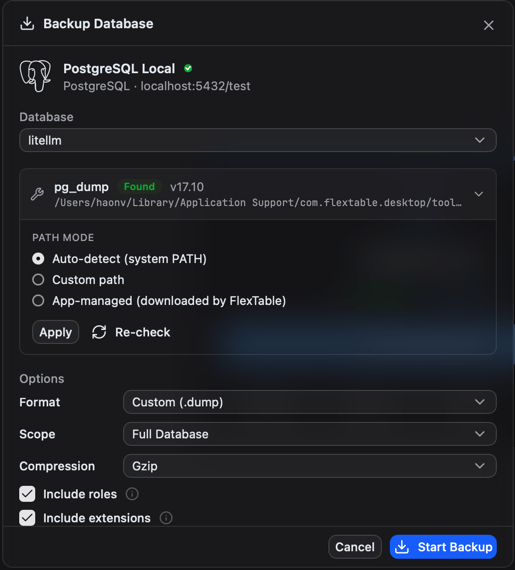 The Backup dialog