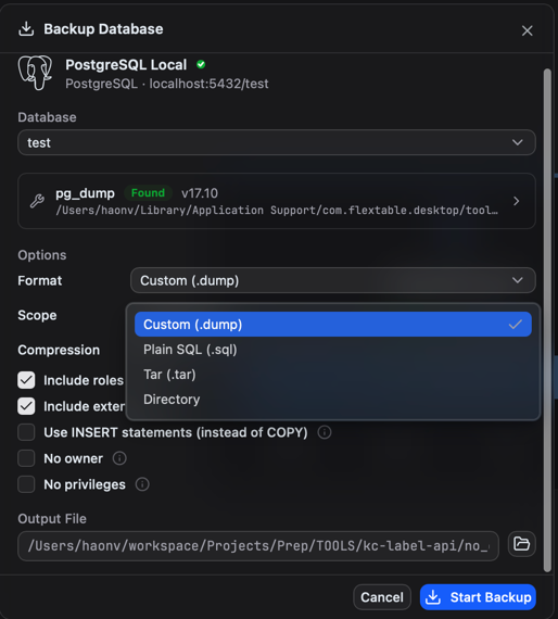 Backup options per engine