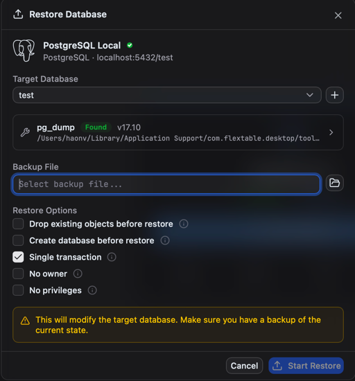 Restore dialog