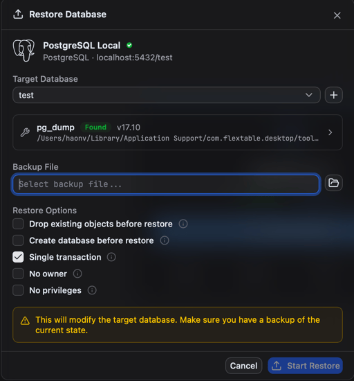 Restore dialog