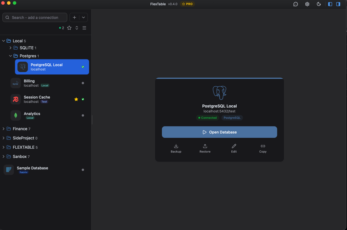 The Home screen and connection manager