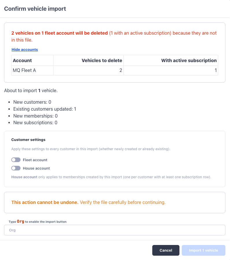 Confirm dialog with the per-account table of vehicles to delete