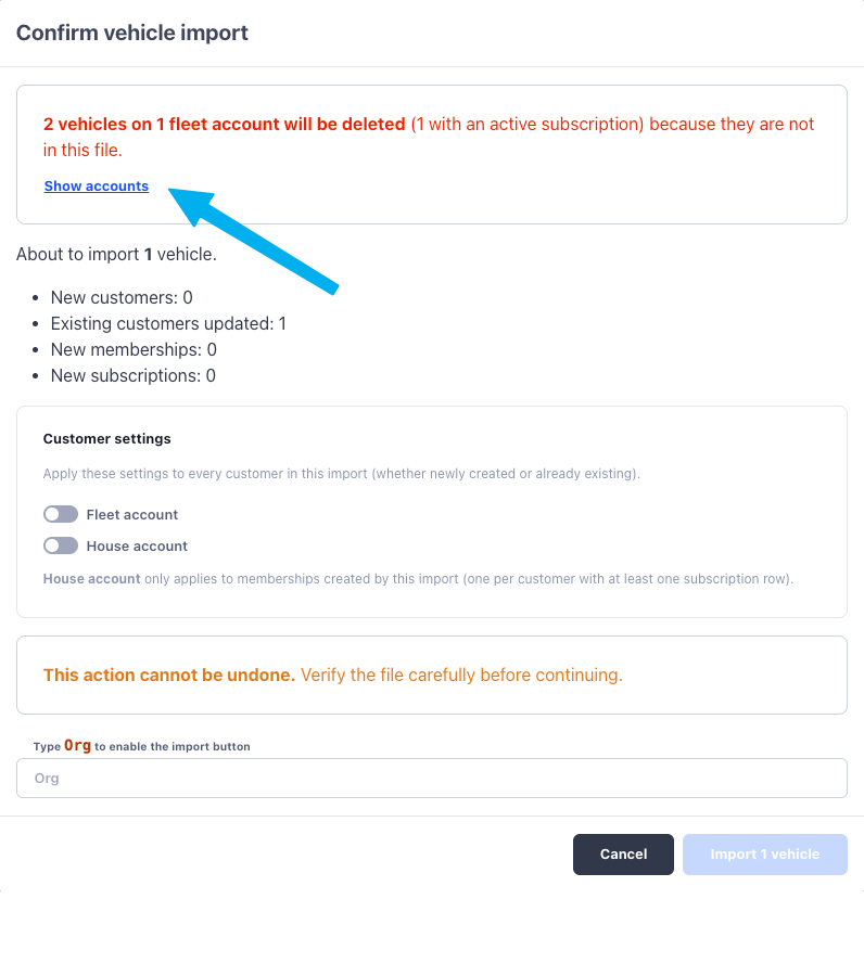 Confirm dialog warning that 2 vehicles on 1 fleet account will be deleted