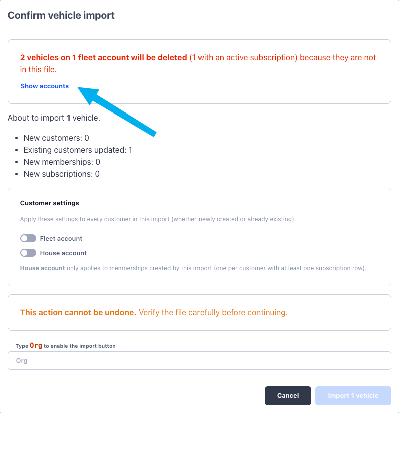 Confirm dialog warning that 2 vehicles on 1 fleet account will be deleted