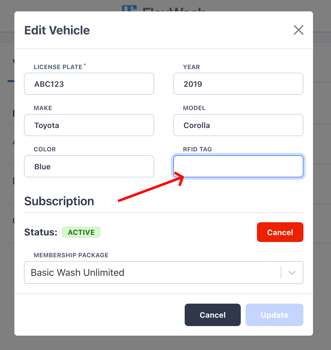 RFID Tag field in the Edit Vehicle modal on the Pay Tablet