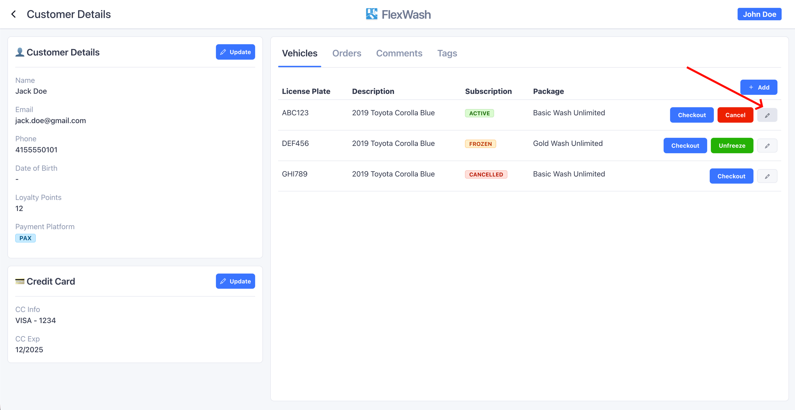 Vehicles tab on the Pay Tablet customer details page