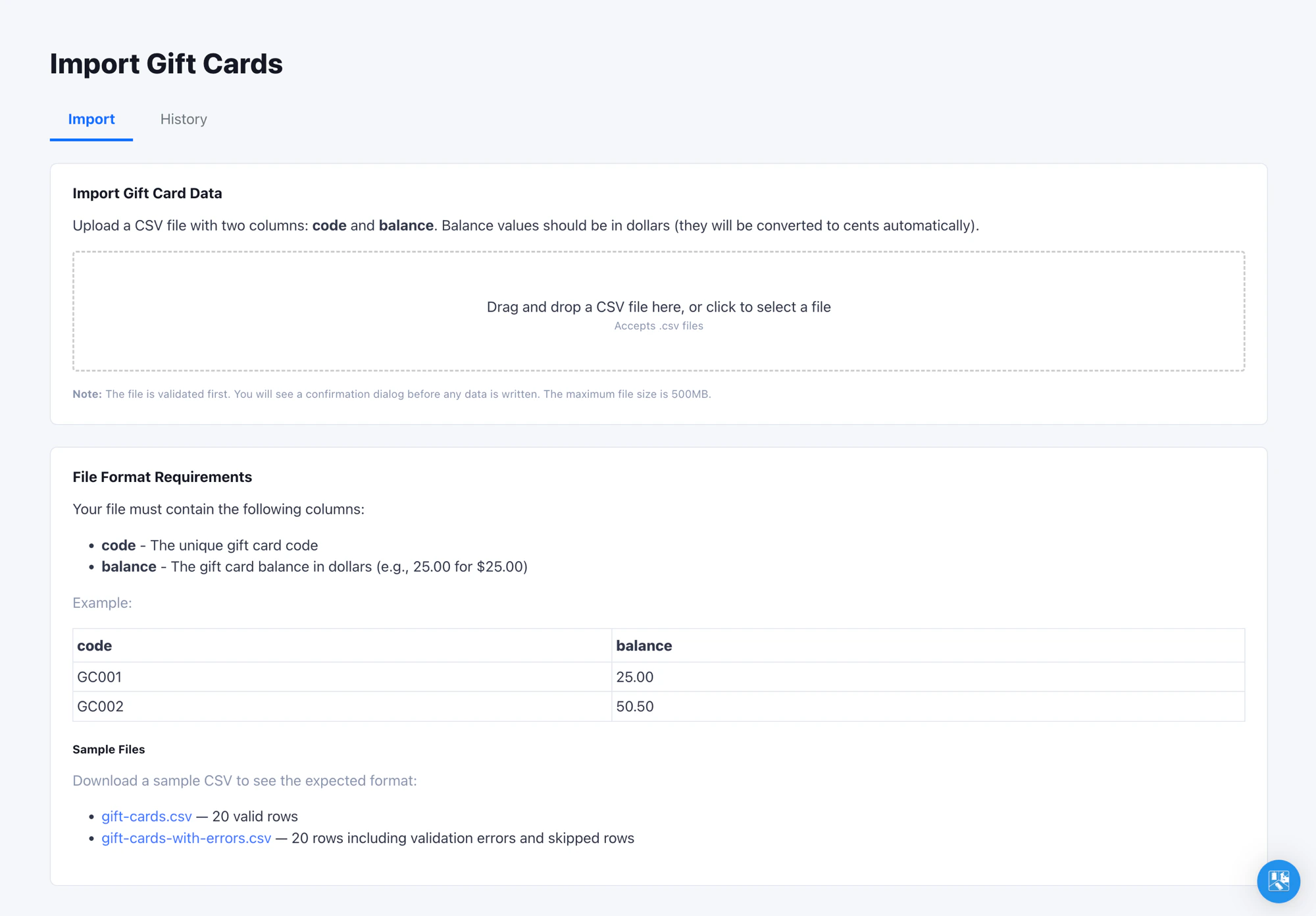 Import Gift Cards page with the upload card and File Format Requirements