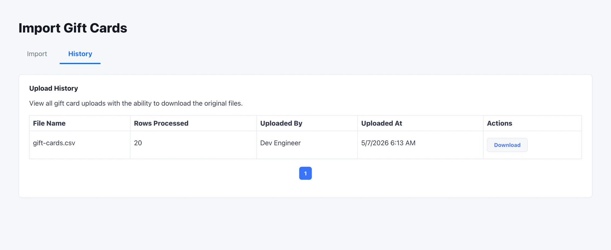 Upload history table on the Gift Cards importer