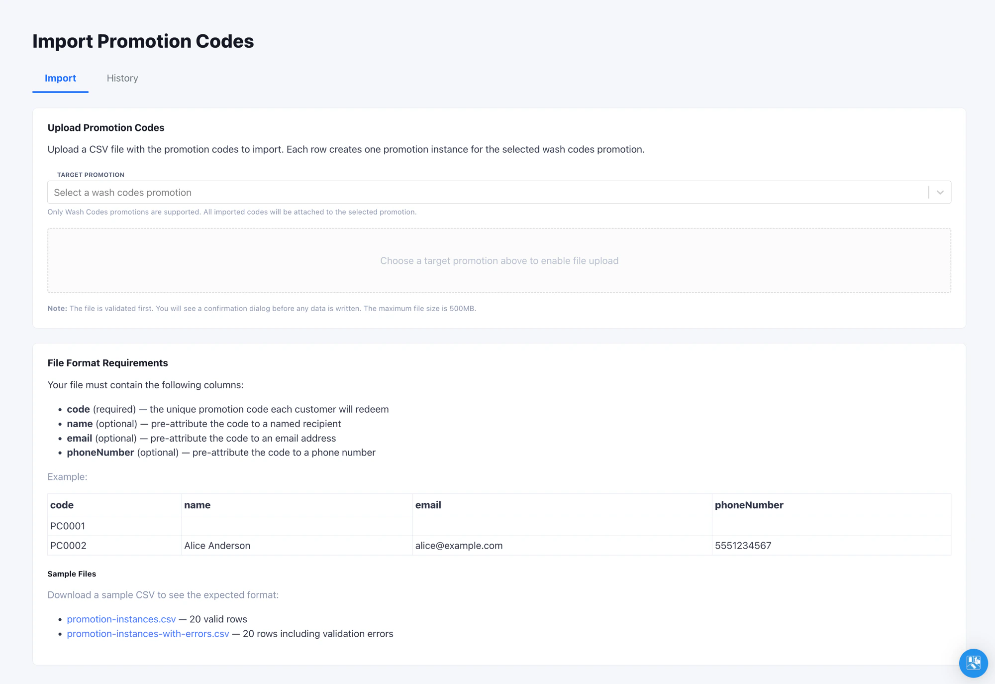 Import Promotion Codes page with the target promotion picker and File Format Requirements
