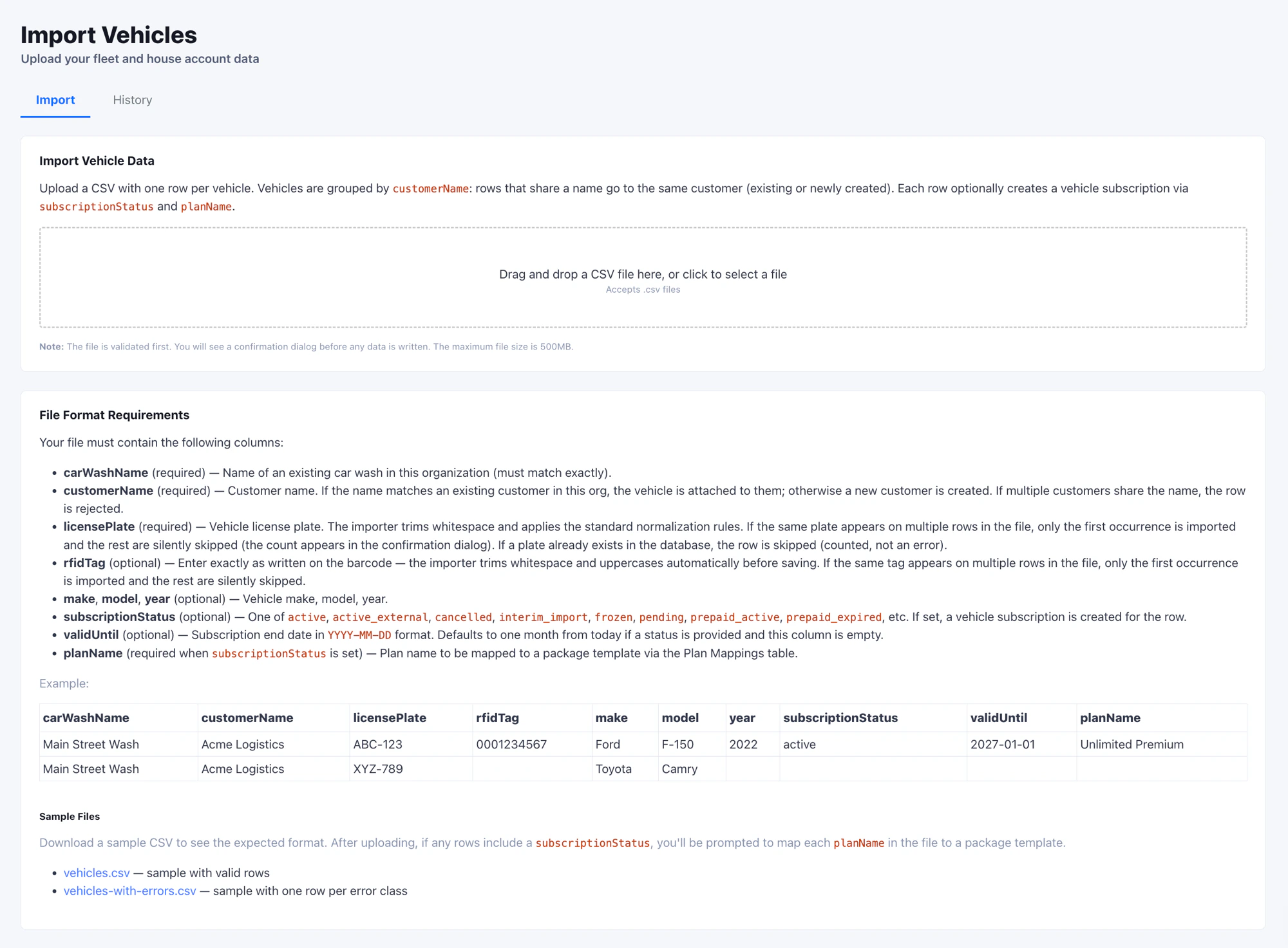 Import Vehicles page with the upload card and File Format Requirements