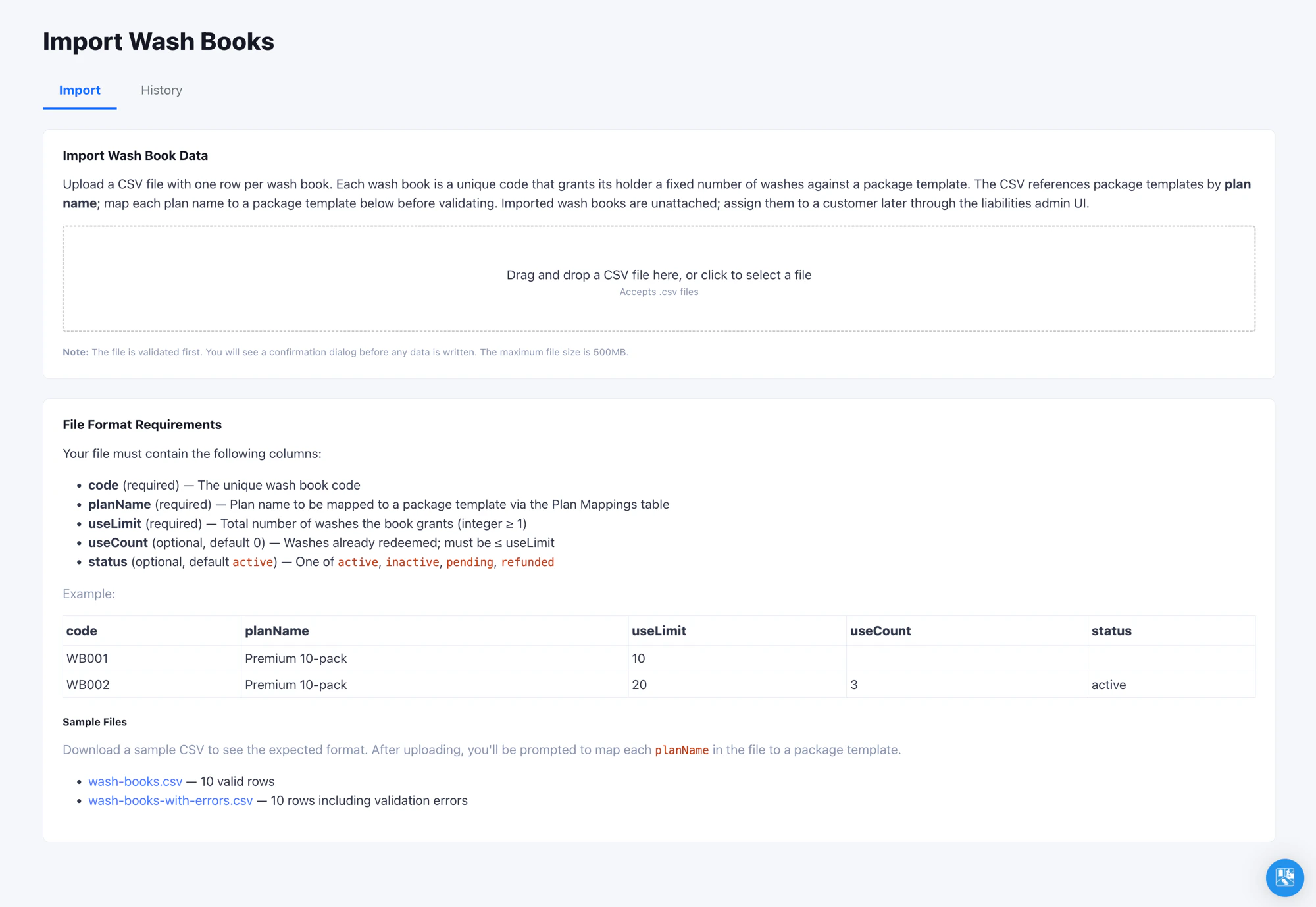 Import Wash Books page with the upload card and File Format Requirements