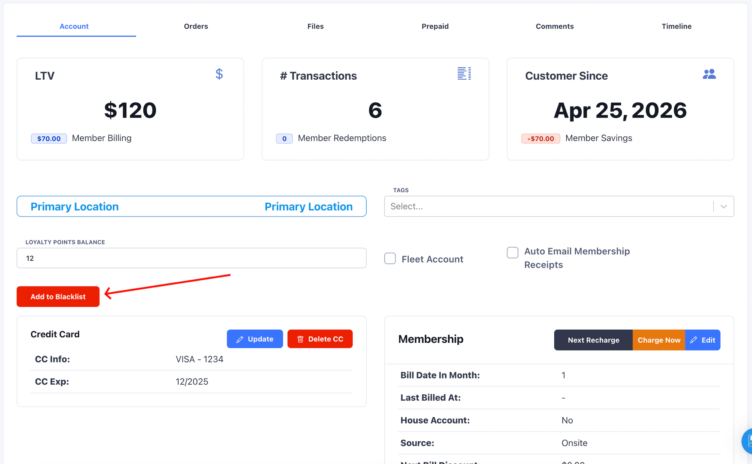 Add to Blacklist button on customer profile