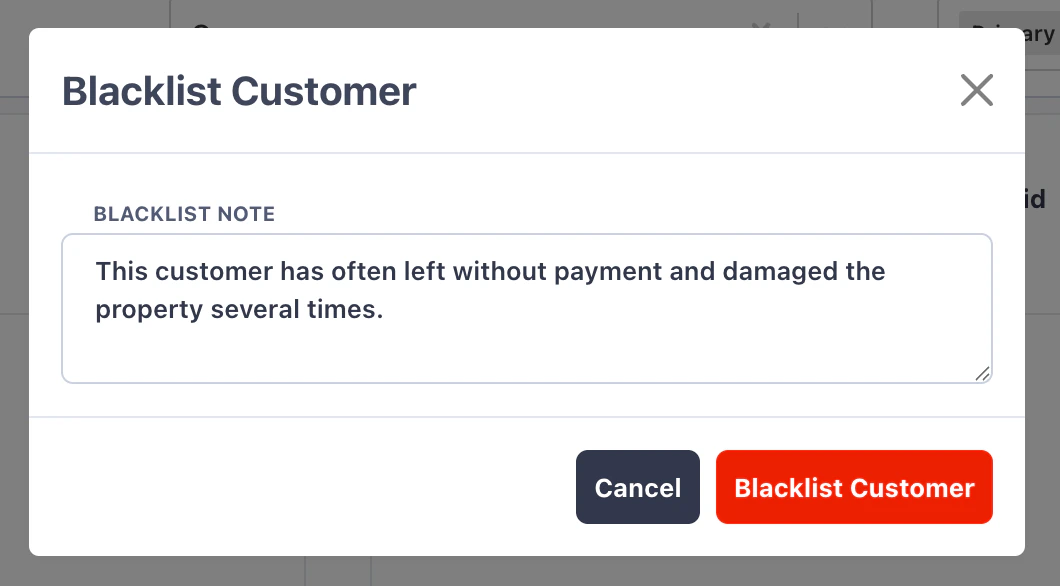 Blacklist Customer modal with note field