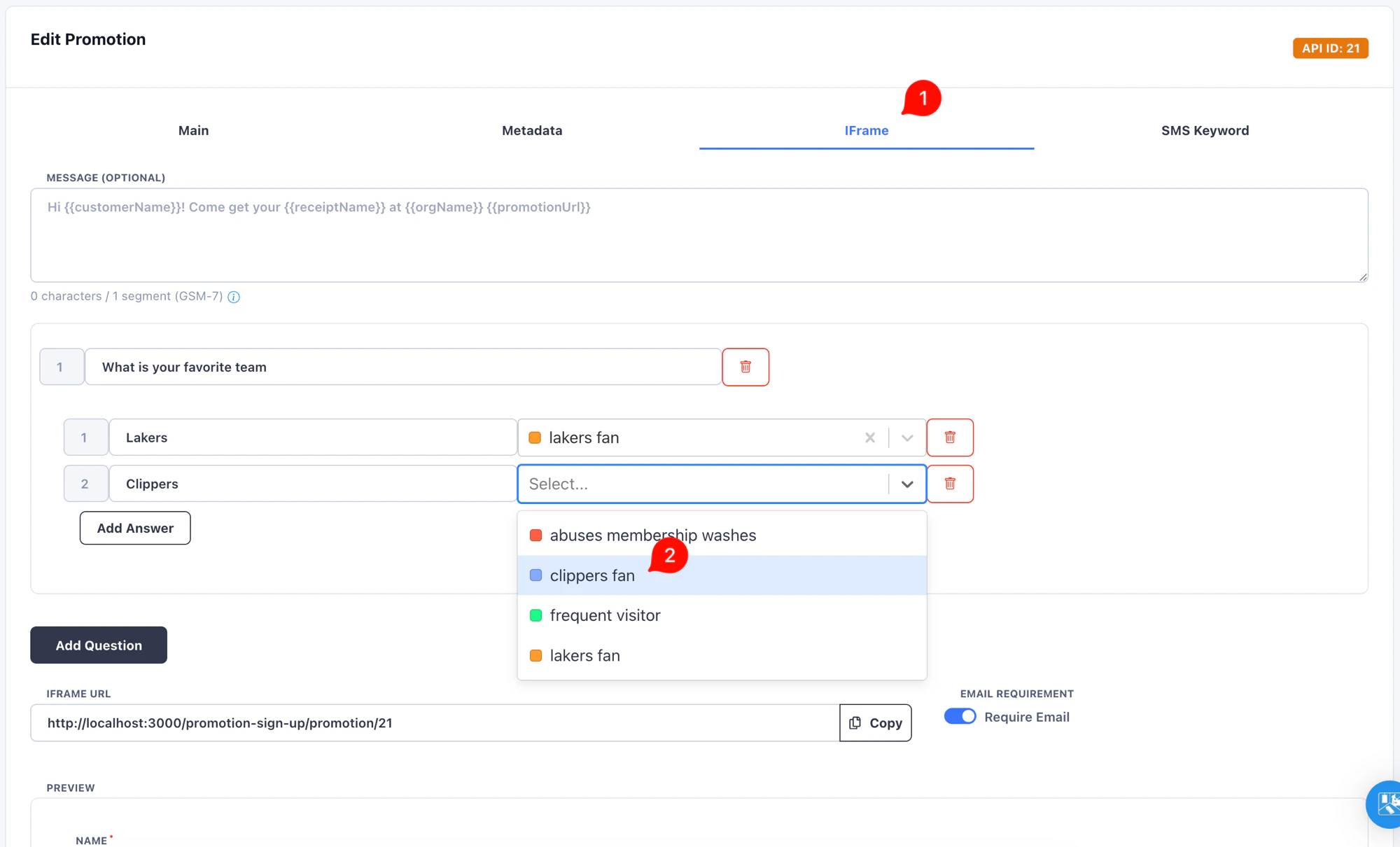 Question answer tag picker on the promotion IFrame tab