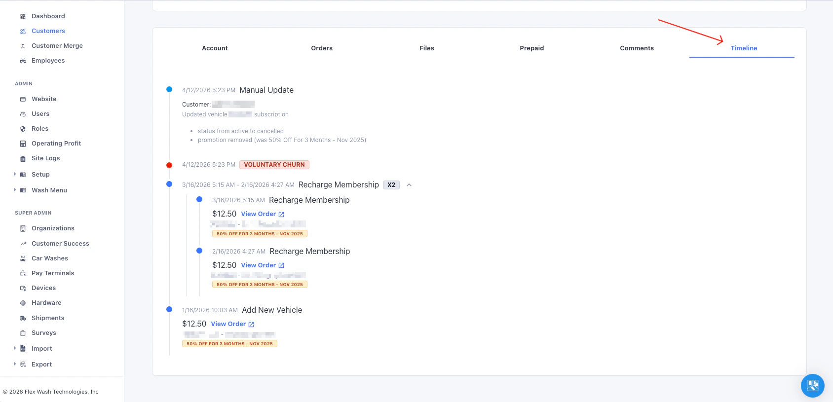 Customer Timeline tab