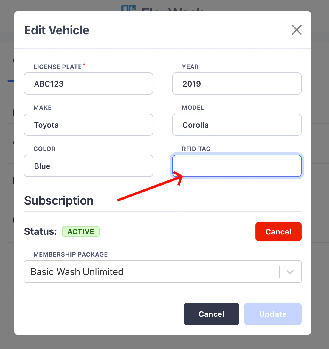 RFID Tag field in the Edit Vehicle modal on the Pay Tablet