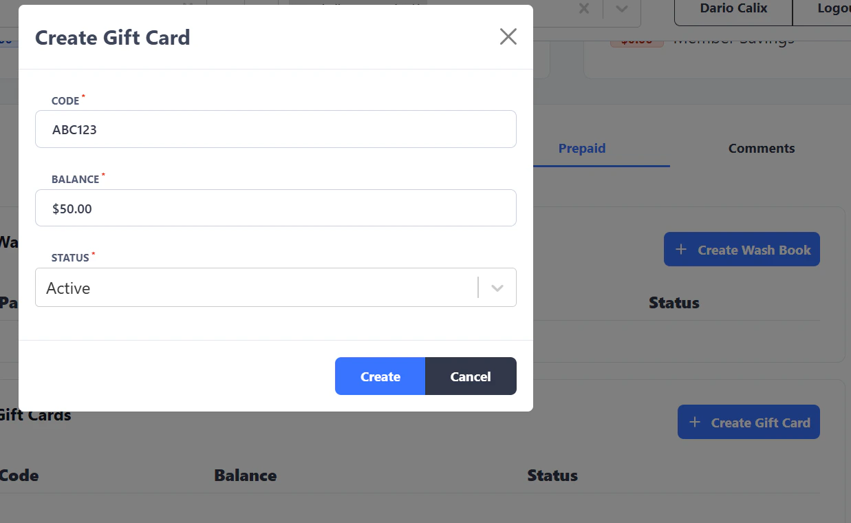Create Gift Card modal with code, balance, and status fields