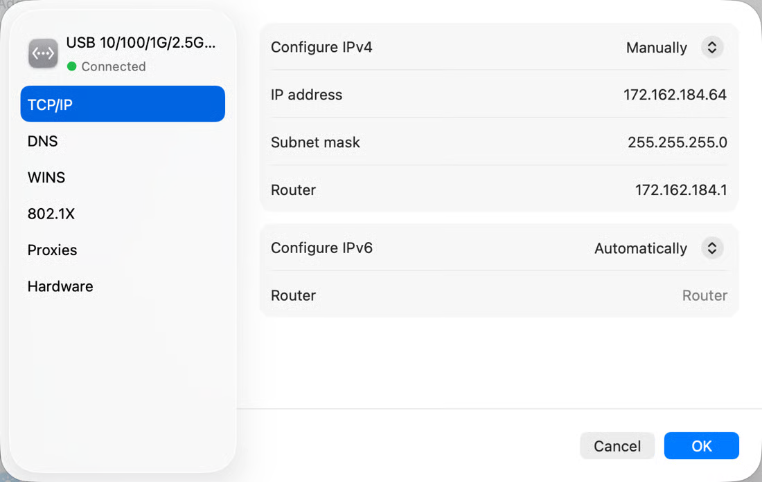 Laptop ethernet interface set manually to 172.162.184.64