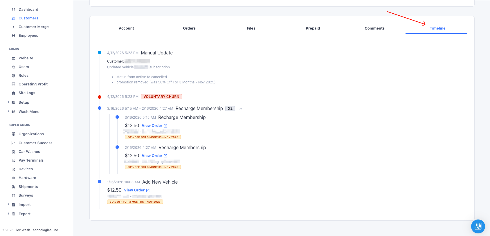 Customer Timeline tab