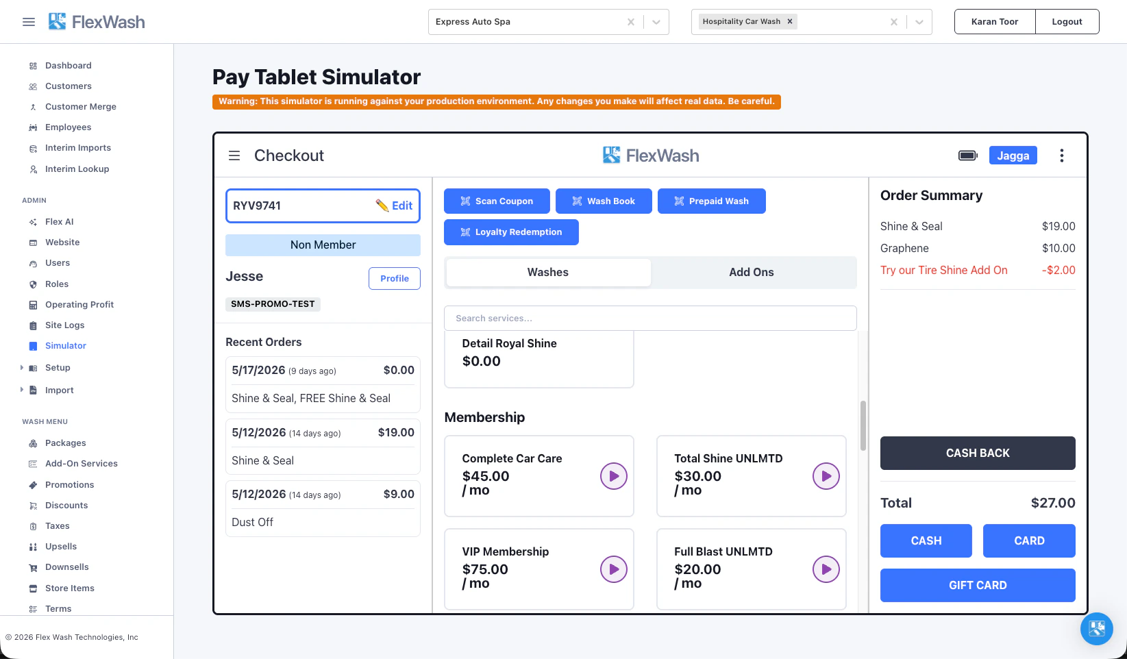 Building an order in the Pay Tablet Simulator with a member looked up and the order summary on the right